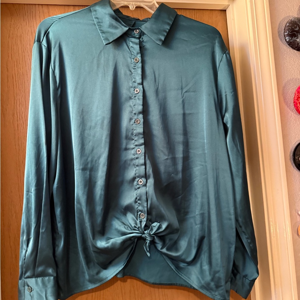 Teal Satin Button-Up Blouse